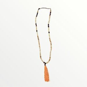 Mala-Style Beaded Necklace w/ Coral Tassel Boho Layer